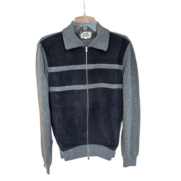Hermes Men’s Cardigan Zip Jacket Blue Marine Suede with Gray Cashmere sz S - Picture 1 of 6